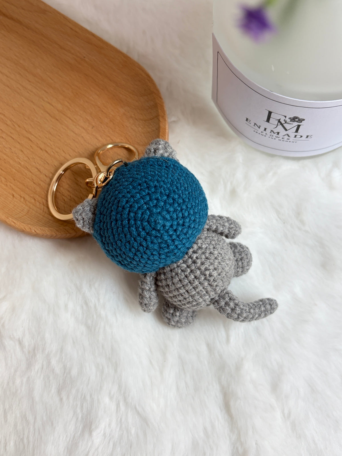 Grey Cat Keychain with Blue Hood 😻