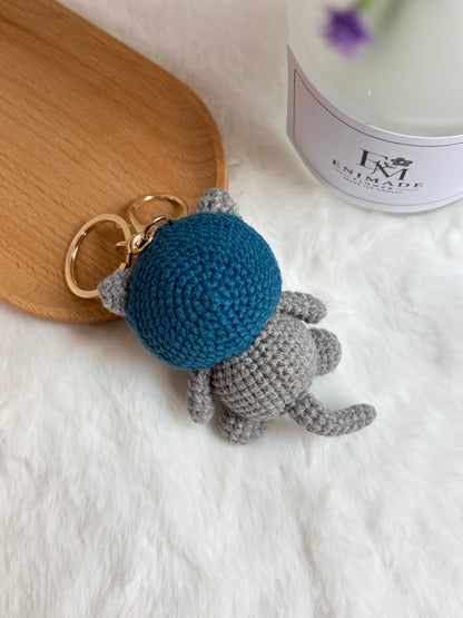 Grey Cat Keychain with Blue Hood 😻