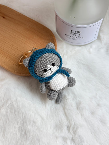 Grey Cat Keychain with Blue Hood 😻
