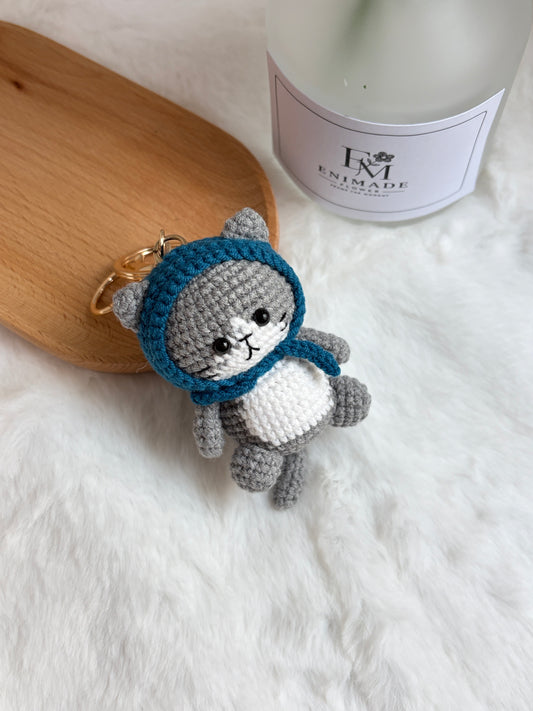 Grey Cat Keychain with Blue Hood 😻
