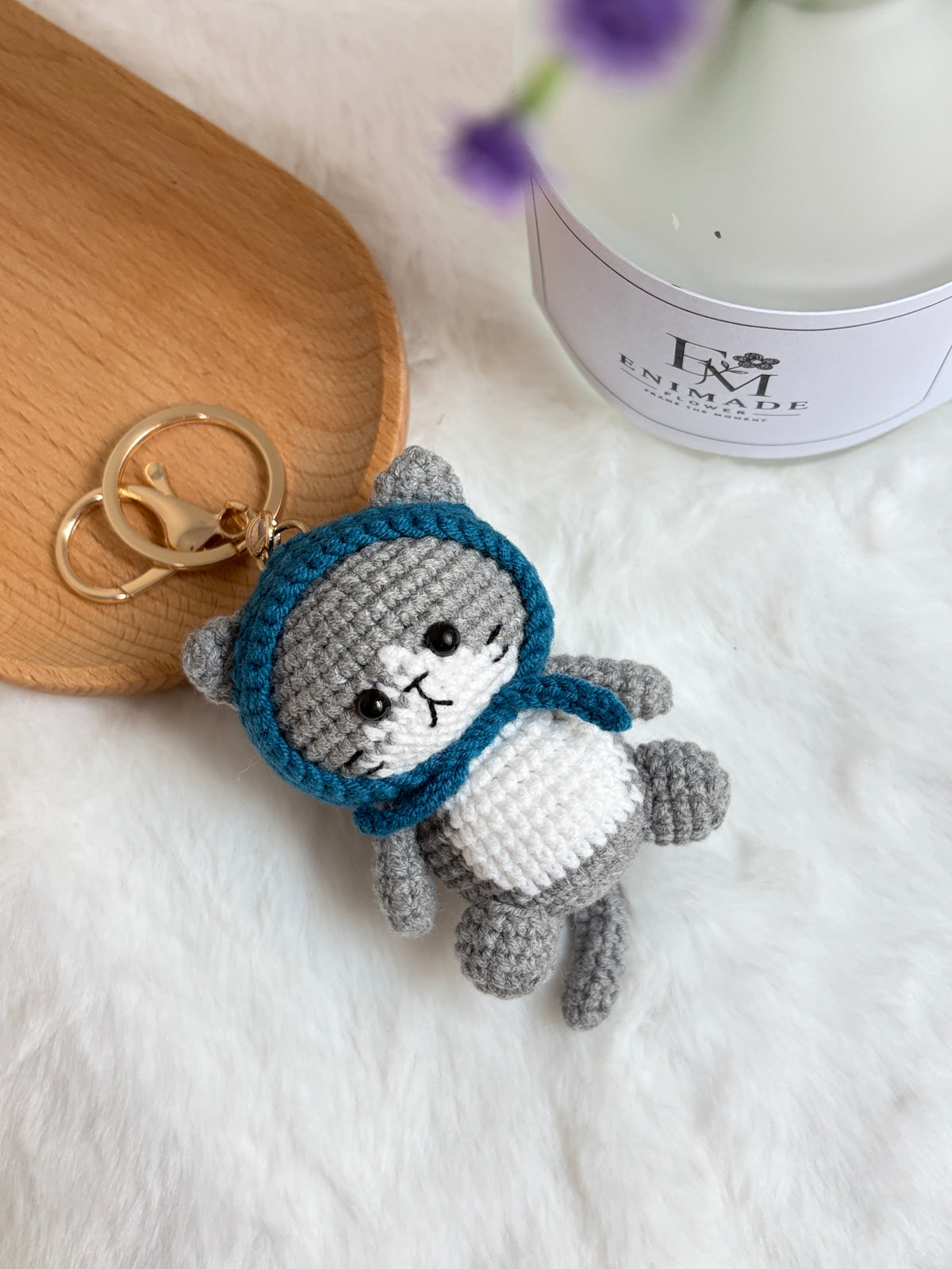Grey Cat Keychain with Blue Hood 😻