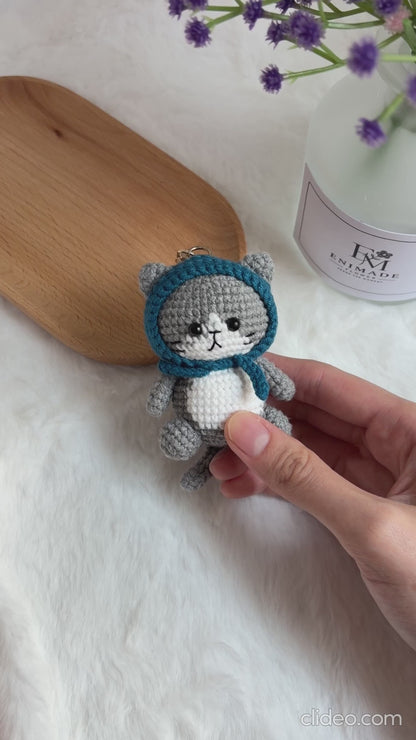Grey Cat Keychain with Blue Hood 😻
